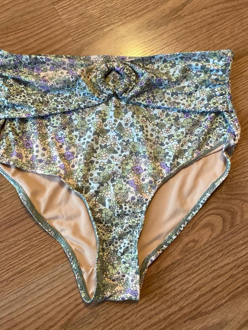 High-Waist Floral Bikini Bottoms in Pastel Green and Lavender